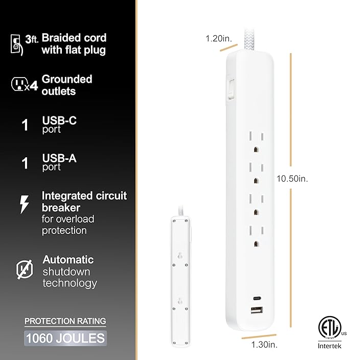 GE UltraPro 4 Outlet Surge Protector, USB-C Charging, 3 ft Designer Braided Cord, 1060 Joules, ETL Listed, White, 41354
