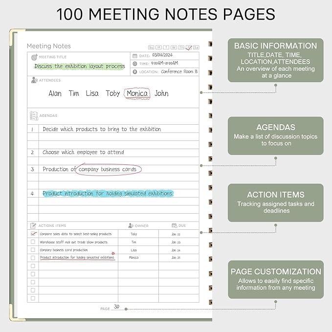 EMSHOI Meeting Notebook for Work - B5 Half Meeting Half Note Planner, 100 Pages, 100GSM Thick Paper, Hardcover, Project Organizer for Women Men Office, Business, Note Taking, 8"x10.2" - Green