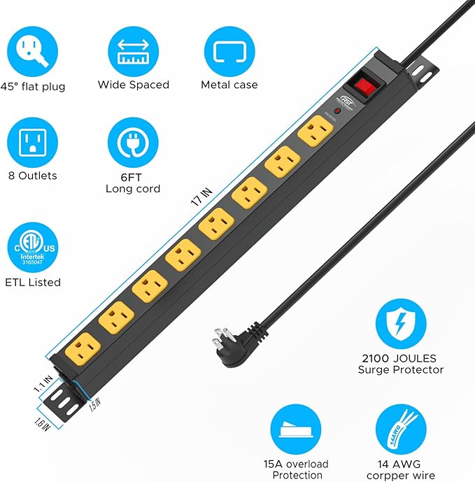 Mountable Long Power Strip, 2100 Joules Heavy Duty Surge Protector Power Strip, Slim Metal Power Bar with 6ft 14AWG Cord, 8-Outlet, ETL Listed, for Wall Mount, Under Desk, Garage, Workshop, Office 2PK