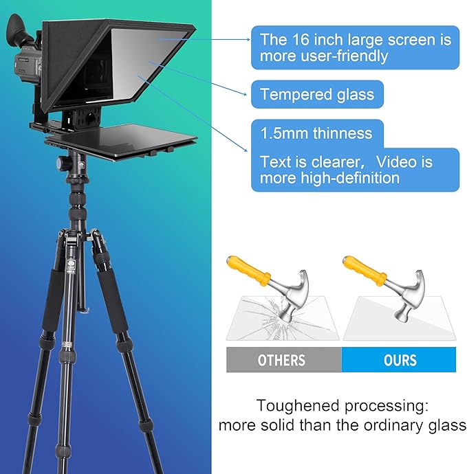 16-Inch Professional Teleprompter with Tempered Optical Glass, All-Metal Design, Remote Control & App Support, Works with Phones, Tablets, and Cameras
