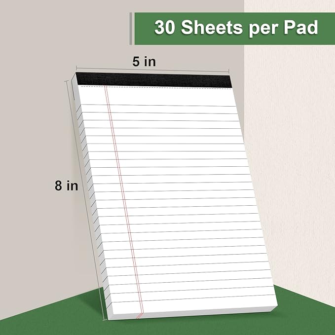MuiAng 6 Pack Note Pads 5 x 8 Inch Writing Pads College Ruled Legal Pads, White Lined Notepad for Work or School, 30 Sheets/Pad, Perforated Recycled Note Paper for Note-Taking, Grocery List