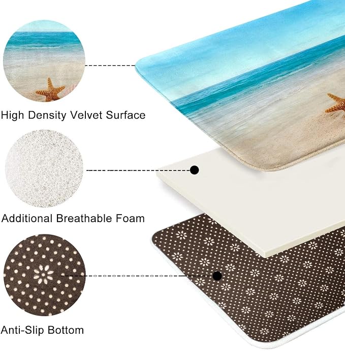 Britimes Bath Mat for Bathroom, Blue Beach Starfish Sea Washable Cover Floor Rug Carpets Floor Mat Bathroom Decorations 20x32 Inches for Kitchen Bedroom Indoor