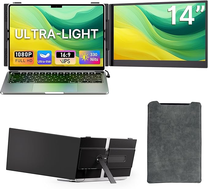 Helpnight 14" Laptop Screen Extender - Ultra Light 1.31lbs FHD 1080P IPS Portable Monitor for Laptops, Attachment Plug & Play Travel Dual Extra Display for 13"-17" Windows/Mac