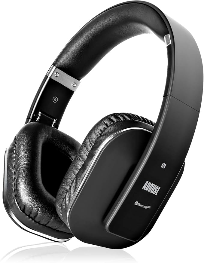 August EP650 Bluetooth Wireless Over-Ear Headphones with aptX Low Latency, NFC, Multipoint Pairing, Wired Option, Built-in Microphone - Black