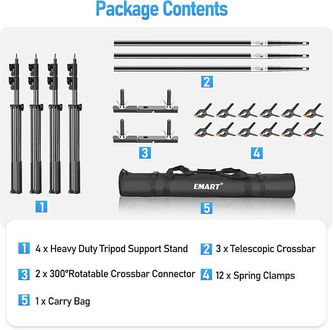 EMART Back Drop Adjustable Stand,30X10ft Backdrop Stand Heavy Duty Photography Background Support System Kit with 300° Angle Rotatable Connector and 12 Spring Clamps for Parties,Wedding,Photo Studio