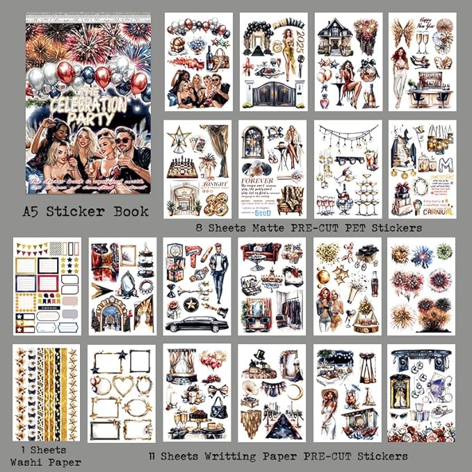 Dwpetzo Celebration Party Scene Scrapbook Sticker Book for Scrapbooking, 20 Sheets Pre-Cut PET Paper Washi Stickers for Journaling, Junk Journal Supplies, Craft Arts, Albumn, Bujo
