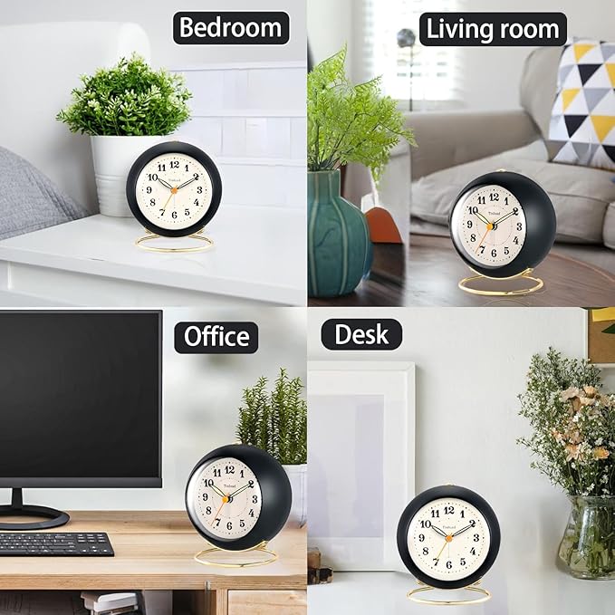 Tinload Analog Alarm Clock, Retro Simple Design Small Desk Clock with Manual Light, Battery Operated, Snooze, for Kids,Bedroom,Travel,Kitchen,Bedside Desktop(Black)