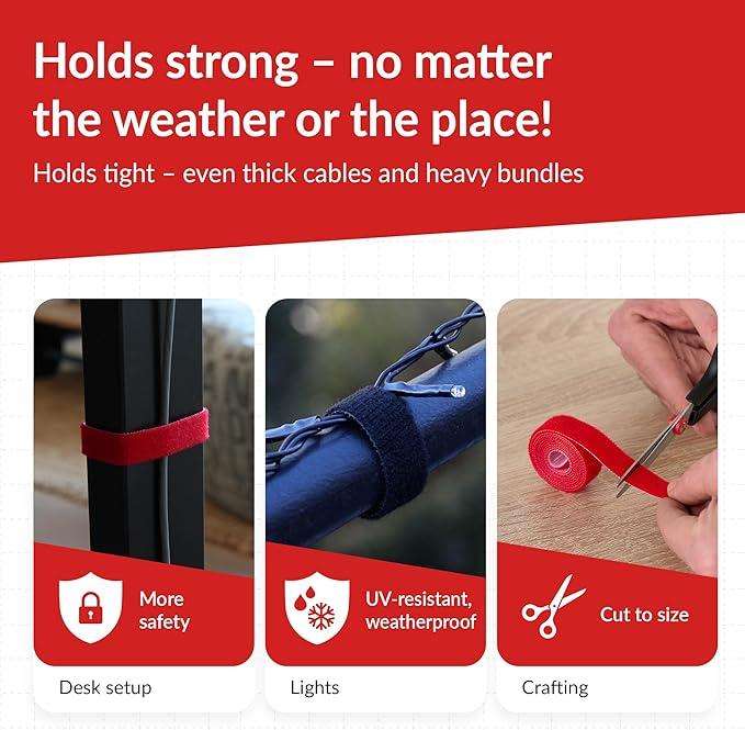 Label-the-cable Cable Management Ties Tape, Adjustable, Re-Useable/Cable Tidy/Hook and Loop Cord Organizer, Wire Management/LTC Rolls, 4 PCS, 1m x 16mm, Black, Blue, Yellow and Red, LTC 1230