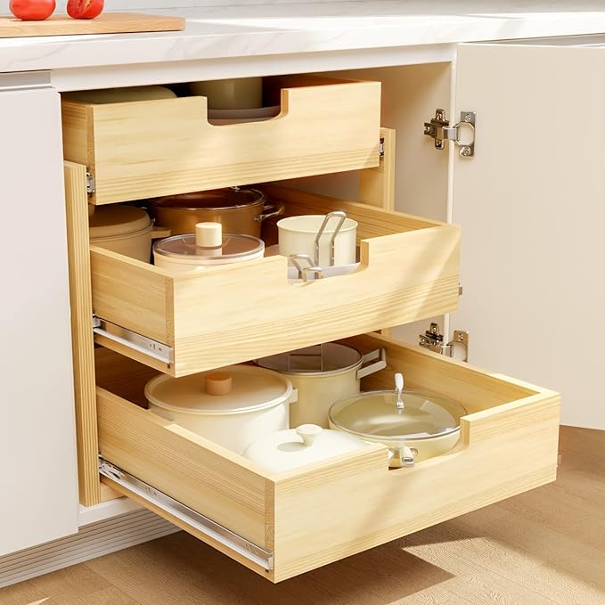 Gsskny Pull Out Cabinet Organizer, 17''W×21''D Sliding Drawers for Cabinets, 3 Tier Soft Close Slide Out Wooden Pull out Drawers, Base Cabinet Organization for Kitchen, Pantry, Bathroom