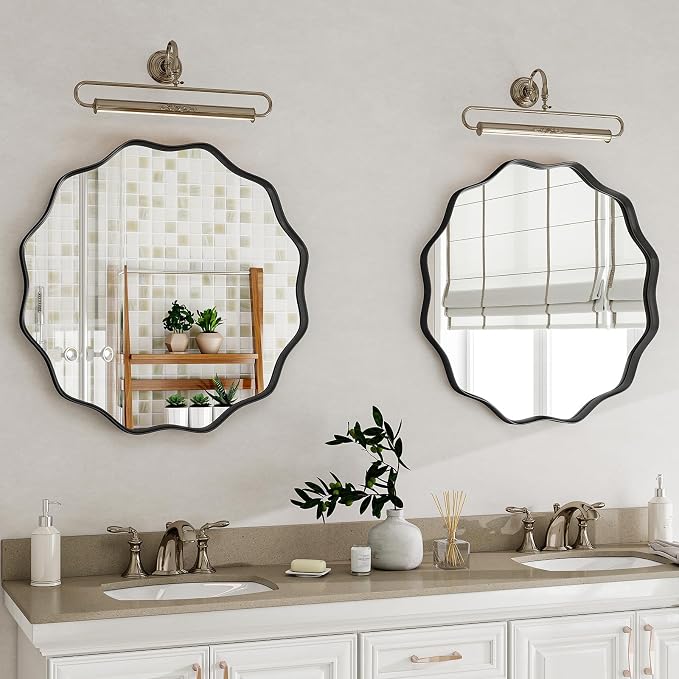 Round Wavy Mirror, 20 Inch Metal Frame Circle Mirror, Round Wall Mounted for Entryway, Bathroom, Vanity, Living Room, Black
