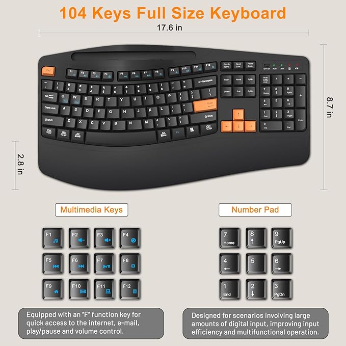 Wireless Keyboard and Mouse Combo, 2.4G Full Size Wave Keys Ergonomic Keyboard with Wrist Rest, Phone Holder, 3-Level DPI Wireless Silent Mouse with 6-Buttons, for Windows/Mac OS/Laptop(Orange Black)