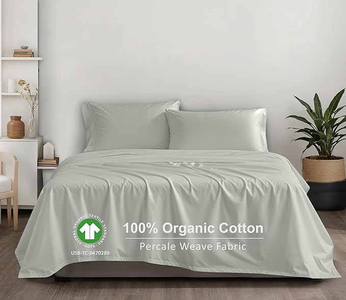 RUVANTI 100% Organic Cotton Sheets Twin XL, Percale Weave, GOTS Certified, 3-Piece Set, Deep Pocket 15", Crisp & Breathable, Soft Durable Bedding, Sábanas Algodón Orgánico – Mineral Gray