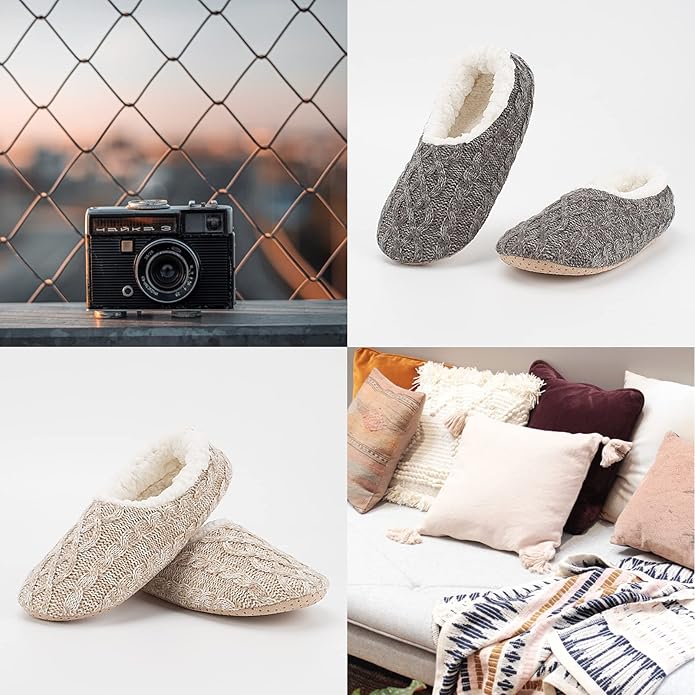 Cozylook 2-Pair Women's Soft Sole Slipper Socks with Grippers, Thick Warm Cozy Sherpa Lined Home Socks Set, Cable Knitted Non-slip Fluffy Winter House Bedroom Slippers
