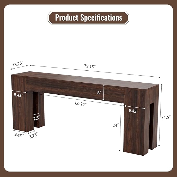 Extra Long Sofa Console Table for Entryway Living Room, 79-Inch Farmhouse Wood Behind Couch Table, Rectangular Accent Console with Wooden Double Base for Hallway Foyer Entrance, Walnut Brown