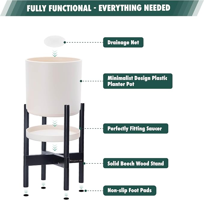 D'vine Dev Planter Pot with Stand - 16 Inch Plastic Cylinder Flower Pot with Wood Planter Holder for Indoor, Oatmeal Pot + Ebony Stand, 55-C-Z-4