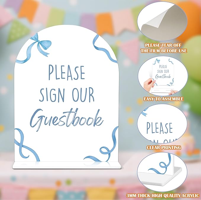 Please Sign Our Guestbook Sign - Blue Bow Baby Shower Sign, 1 Pack Arch Acrylic Sign with Stand, Gender Reveal Party Table Decor, Blue Baby Shower Supplies (SP12)