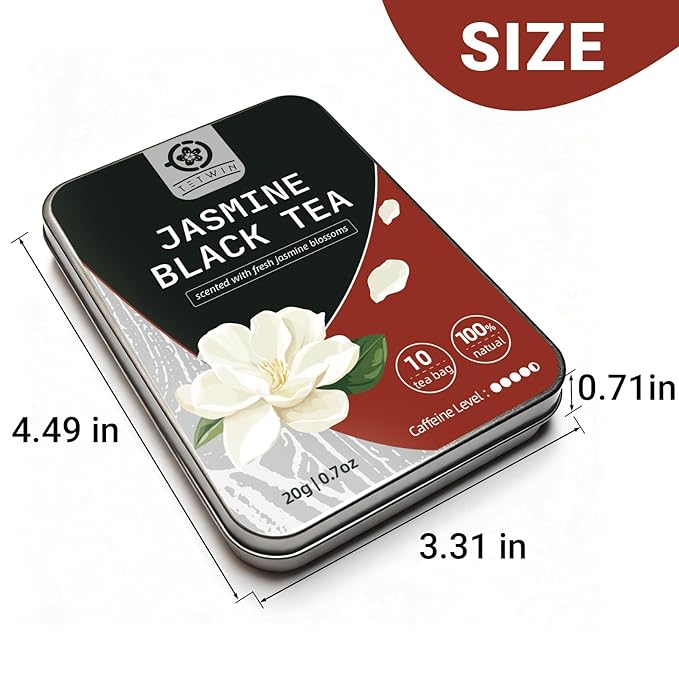Jasmine Black Tea Bags, 3-Scented Loose Leaf in PLA teabag - Bitterness-Free, Naturally Sweet & Mellow, 10 Count Portable Tin