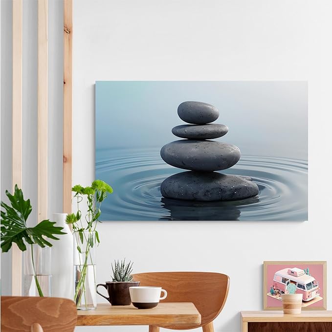 Zen wall art Harmonious grey stones stacked on a calm surface of water Serene Zen decor suitable for tranquil homes and spaces of meditation 24x36in Wood Framed