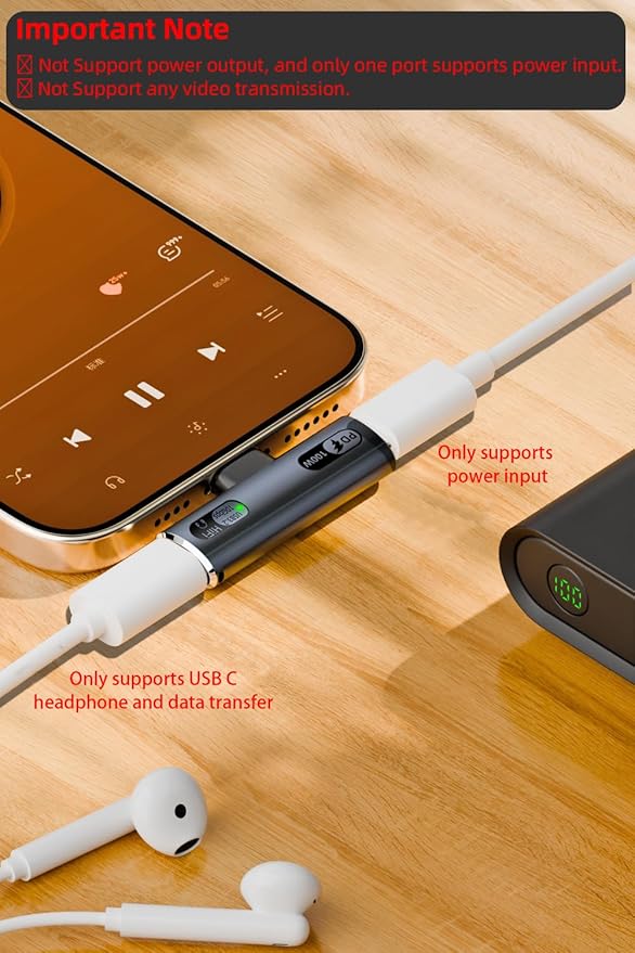 USB C Splitter with 100W Fast Charging, Dual USB C Headphone and Charger Adapter Dongle for iPhone 16/15 Series, iPad, MacBook, Galaxy S24/S23 and More - Grey (No for Power and Video Output)