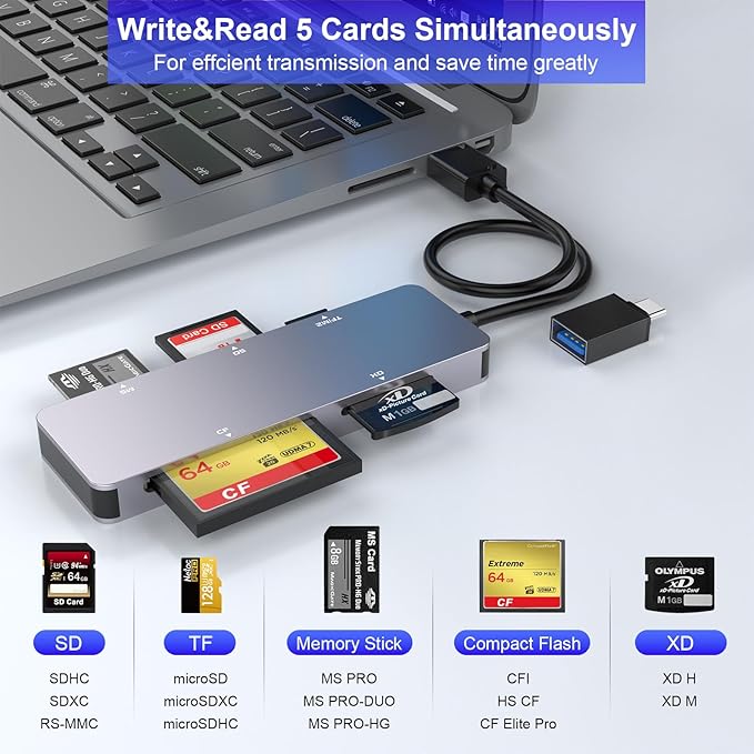 Multi Memory Card Reader, 6 in 1 USB C USB 3.0 to SD TF XD CF MS M2 Card Reader Adapter, Supports SD SDXC SDHC CF CFI TF Micro SD Micro SDXC Micro SDHC MS MMC UHS-I Cards,for Windows/Mac/Linux/Android