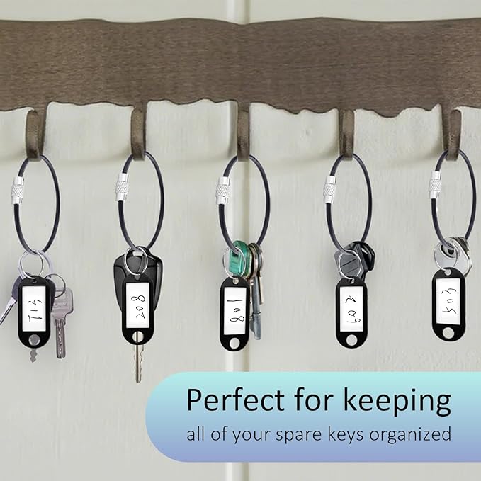 10 Pack Plastic Key Tags with Labels and Split Ring, Black Cable Key Ring and Key Labels for Keys, USB Drive and Luggage Organization - Black