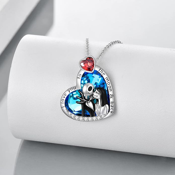 LILALO Christmas Gifts Nightmare Necklace Sterling Silver Abalone Shell Crystal Jack and Sally Necklace Jack Skellington Skull Jewelry Skull Necklaces for Women