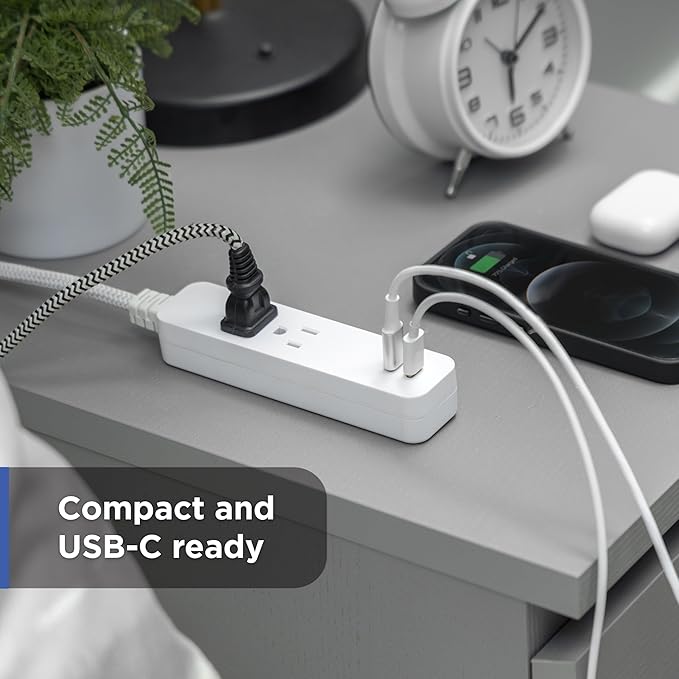 GE 2 USB C Extension Cord Power Strip, 2 Outlets, 4 Ft Braided Cord, Flat Plug, 245 Joules, 12W Charging Power, 16AWG, White, 87434