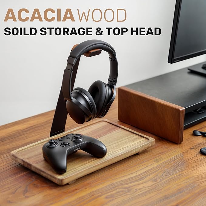 WILDMOS Headphone Stand for Desk,Acacia Wood Tray with Headphone Holder,Gaming Headset Stand,Desk Accessories for Desktop Storage