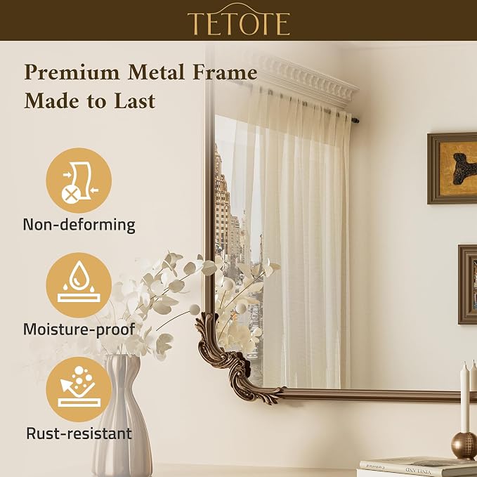 TETOTE Vintage Antique Gold Rectangle Mirror for Mantle Fireplace 48 x 32 Traditional Baroque Ornate Scroll Wall Mirror with Metal Frame for Living Room Bedroom, Horizontal/Vertical