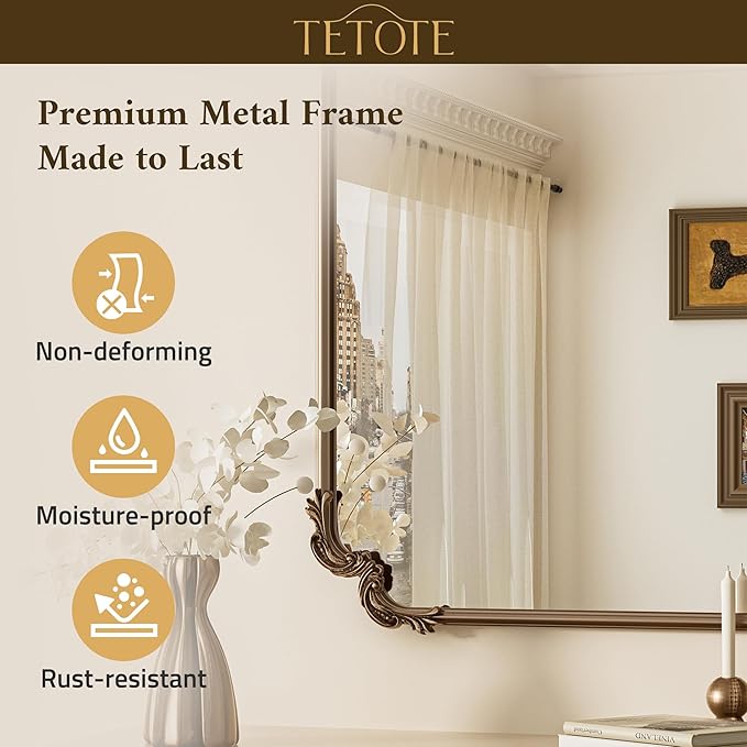 TETOTE Vintage Baroque Gold Rectangle Mirror for Wall 22 x 30 Antique Brass Scroll Frame French Mantle Mirror for Fireplace Bathroom Living Room Bedroom Decor, Horizontal/Vertical