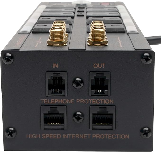 Tripp Lite Isobar 10 Outlet Audio/Video Surge Protector Tel/Modem/Coax/Network 8ft Cord Right Angle Plug, & $500,000 Insurance (HT10DBS) Black