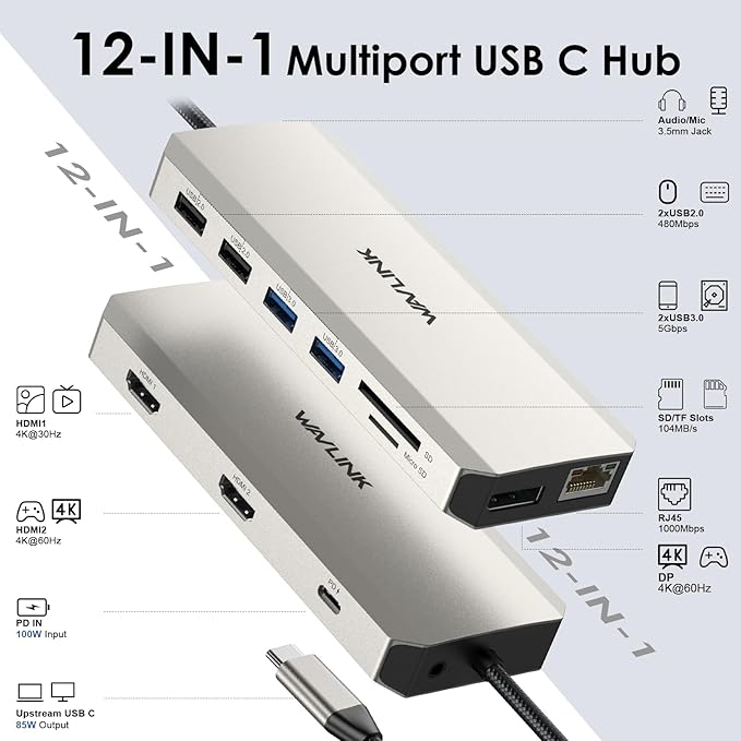 WAVLINK USB C Laptop Docking Station Dual Monitor for Dell/Lenovo/HP/XPS, USB-C Hub Multiport Adapter Dongle Dock with 2 HDMI, DisplayPort, Ethernet Hub, 85W Power Delivery, SD Card Reader, Audio
