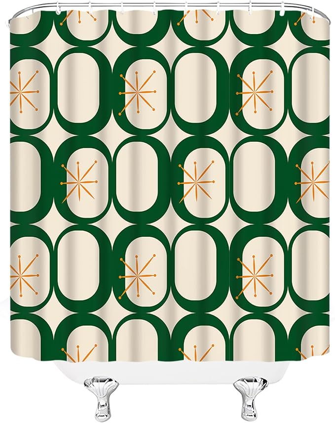 Mid Century Modern Extra Long Shower Curtain Abstract Atomic Geometric Round Squares Retro 50s Green Fabic with Hooks for Bathroom Decor,70x75 Inch