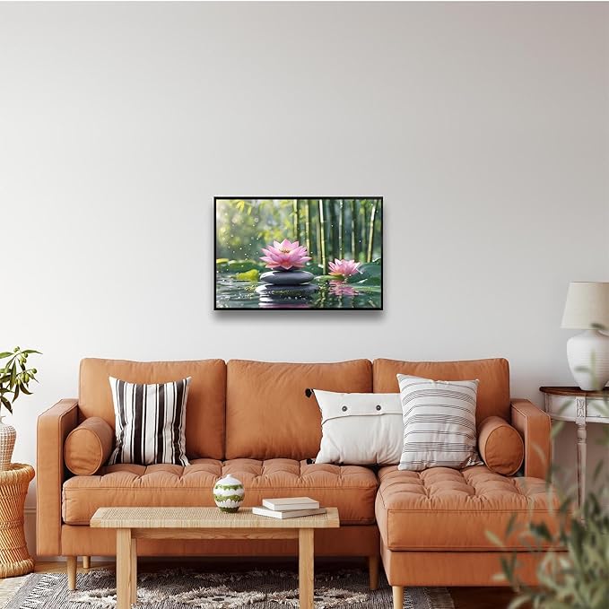 Ethereal pink lotus on obsidian Sunlit bamboo forest with sparkling water drops Poetic nature inspired wall art for tranquil homes and mindful spaces 8x12in Metal blackFramed