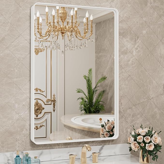 LOAAO 30x36 Inch White Metal Framed Bathroom Mirror for Wall, White Bathroom Vanity Mirror Farmhouse, Large Rounded Rectangle Mirror, Anti-Rust, Tempered Glass, Hangs Horizontally or Vertically