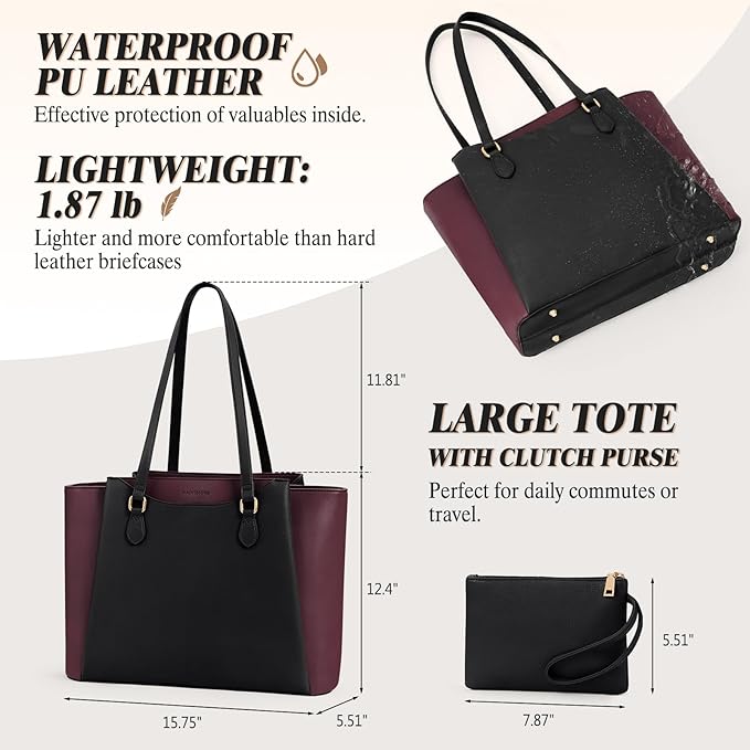 RAINSMORE Laptop Bag for Women 15.6 Inch Work Tote Bags Waterproof Computer Bags Leather Professional Laptop Purse Womens Laptop Briefcase Large Handbag for Office Teacher Travel, Black and Purple