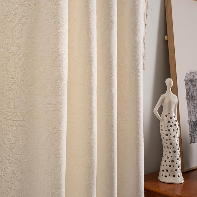 ENJOYBRIDAL Paisley 96 Inch Curtains for Bedroom Living Room Drapes Jacquard Semi Sheer Off White Long Window Curtain Panels Rod Pocket 2 Panels Set Boho Farmhouse Floral Cream Window Treatments