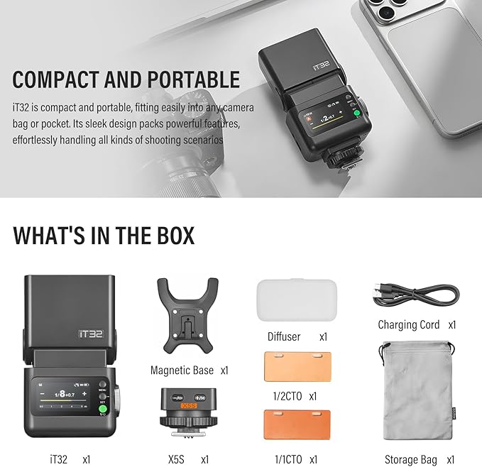 Godox IT32 TTL Camera Flash for Sony with X5S Trigger & Diffuser kit,Magnetic Hotshoe & Trigger 2-in-1,2.4G Wireless,HSS 1/8000s,GN18,LED Modeling Lamp,Colorful Touch Screen,Rotatable Flash Head