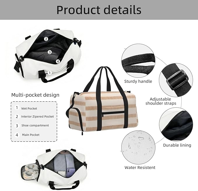 Terracotta Cream Modern Minimalist Stripe Boho Women'S Gym Duffle Bag With Shoes Compartment, Ideal For Travel, Gym, Sports, Duffel, Weekender