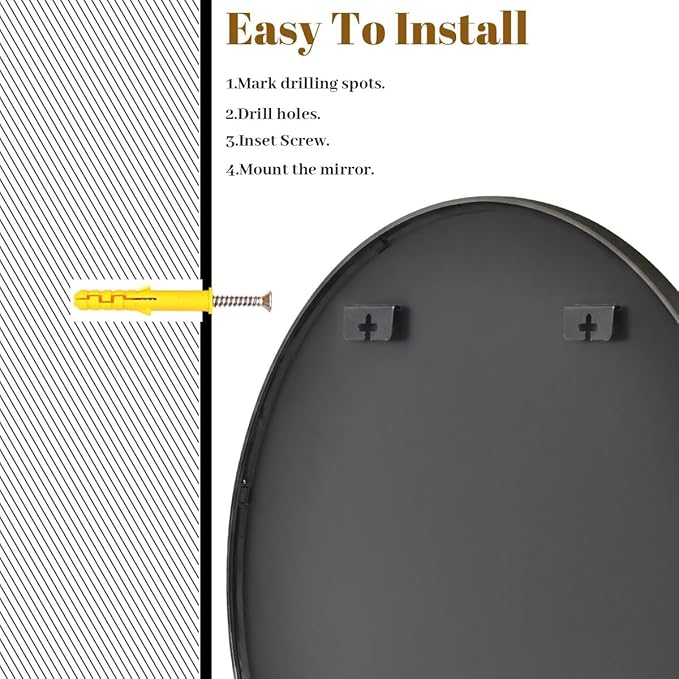 VooBang Large Black Round Bathroom Mirror, 48 inch Circle Wall Mounted Hanging Mirror with Simple Modern Circular Metal Frame for Hallway, Entryway, Living Room, Black Frame