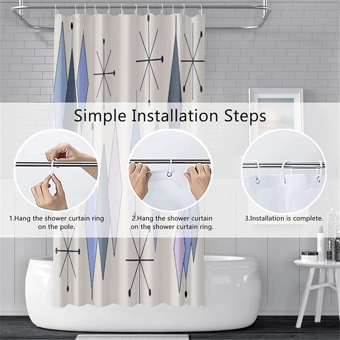 Mid Century Turquoise Shower Curtain Abstract Grey Blue Diamond Geometric Atomic Starburst Pattern Beige Backdrop for 1950s Retro Bathroom Decor Shower Curtain Set with 12 Hooks, 65x72 Inches