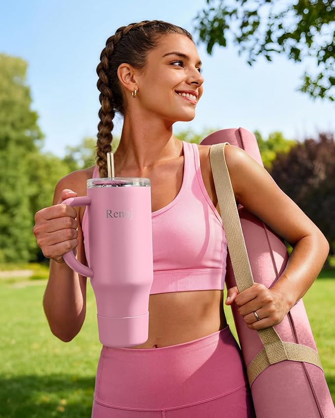Renoj Tumbler with Handle 100% Spill Resistant Insulated Water Bottle for Iced Coffee & Hot Drinks - Fits Car Cup Holder, Ideal Gift, 2 Straws & Silicone Boot BPA-Free - FlexSlide Pink 32 oz