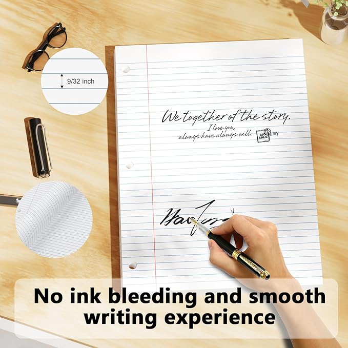 2-Pack White Loose Leaf Paper 260 Sheets Filler Paper 8 * 10.5 College Ruled 3-Hole Punched for 3-Ring Binders Notebook Lined 8" x 10.5"