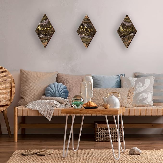 ONIZHITY 3 Pcs Brown Gold Bathroom Decor Brown Wall Decor with Accept Let Go Have Faith Quote Rustic Vintage Farmhouse Wooden Hanging Signs for Home Living Room Bedroom Office(12x7 Inches)