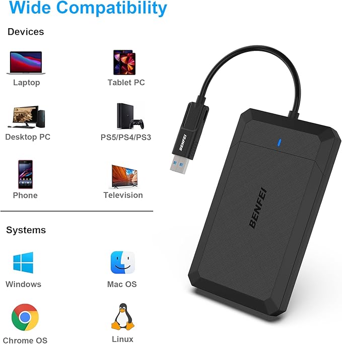 BENFEI 2.5 Inch SATA to USB Tool Free External Hard Drive Enclosure, USB Type-C/Type-A to Sata Compatible for 2.5 Inch SSD(Optimized for SSD, Support UASP)