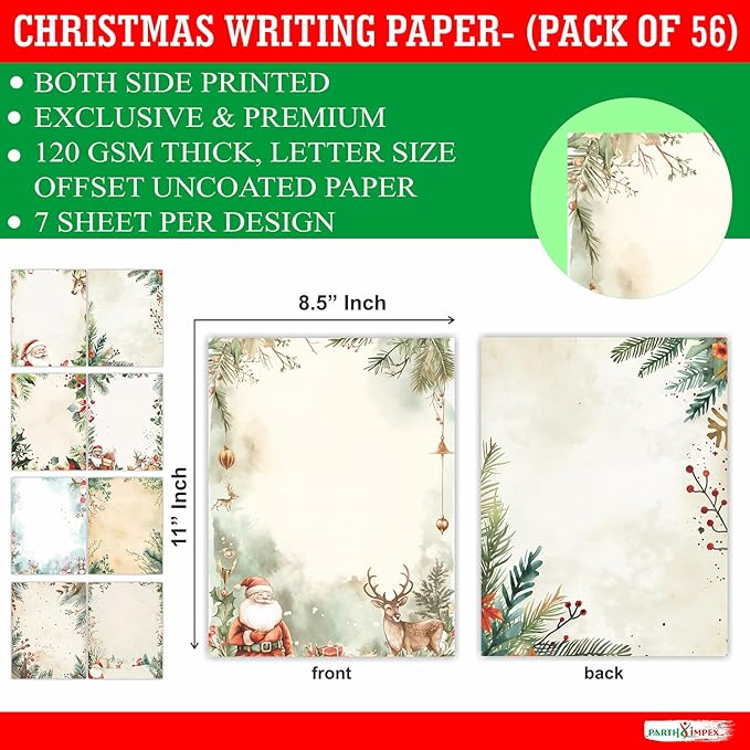 PARTH IMPEX 56 Sheets Christmas Writing Paper 8.5x11 - Letter Size Stationery Holidays Winter Party Looking Santa Letterhead Printer Paper - 120gsm Thick Decorative Double-sided Design
