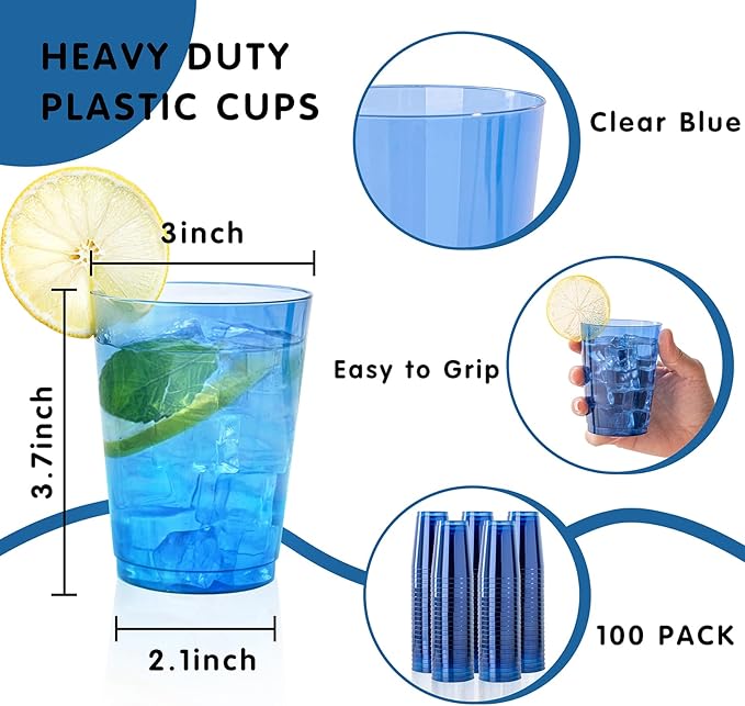 DaYammi 100 Pack Clear Blue Plastic Cups 10 Oz, Blue Cups for Party Disposable Wine Glasses Heavy Duty Disposable Tumblers Drinking Cocktail Glasses for Wedding Hanukkah Christmas