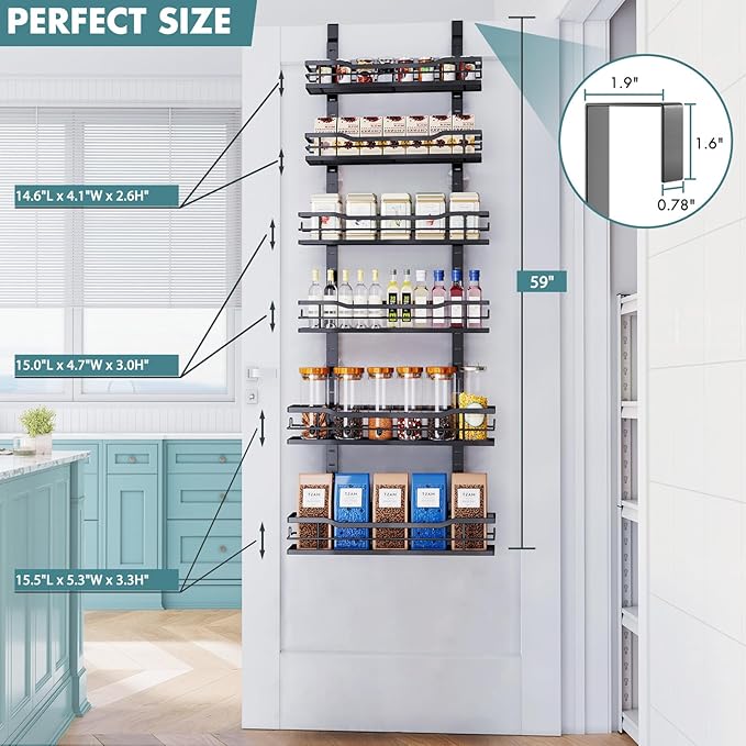 Over The Door Pantry Organizer，6-Tier Over The Door Organizer with Adjustable Basket，Metal Hanging Pantry Organizers and Storage for Kitchen, Back of Door Seasoning Rack (Black)