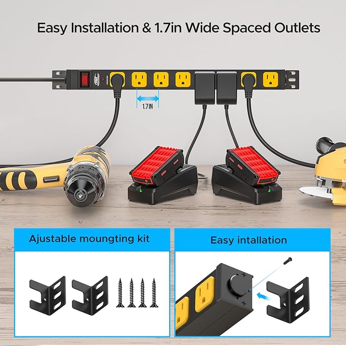 Mountable Long Power Strip, 2100 Joules Heavy Duty Surge Protector Power Strip, Slim Metal Power Bar with 6ft 14AWG Cord, 8-Outlet, ETL Listed, for Wall Mount, Under Desk, Garage, Workshop, and Office