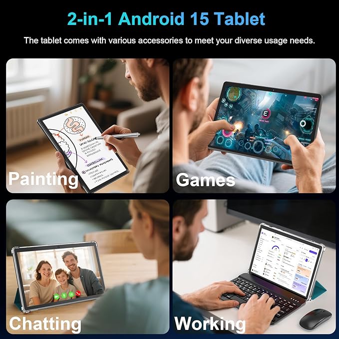 PYNAREL Android Tablet with Keyboard, 26GB+256GB, 2TB Expand, Android 15 Tablet 10 inch with Octa-Core, 8000mAh, 5G WiFi, BT5.0, Widevine L1, Split Screen, Case, Mouse, Stylus(Pink Case)